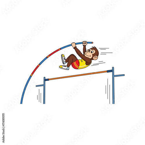 Cartoon monkey pole vaulting over a bar