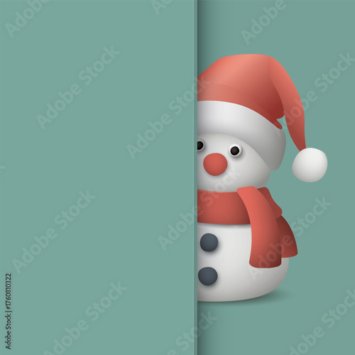 3D cute snowman on turquoise square background is half overlaid with another turquoise sheet graphic illustration have blank space.