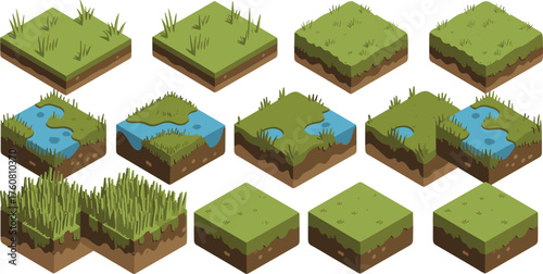 Isometric 3D grass soil blocks with dirt texture, green lawn tiles, wetland and grassland environment concept for landscape design illustration