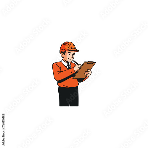 Engineer with a helmet making notes on a clipboard