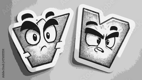 Hand-drawn cartoon characters in black and white depicting contrasting emotions: one worried, one angry. Textured pencil sketch style.