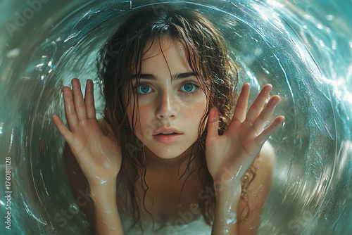 Psychological help concept. Abstract of a bullied, lonely girl who is frightened and trapped in the bubble of her problem.