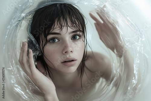 Psychological help concept. Abstract image of a girl suffering from depression, who is frightened and trapped in the bubble of her problem.