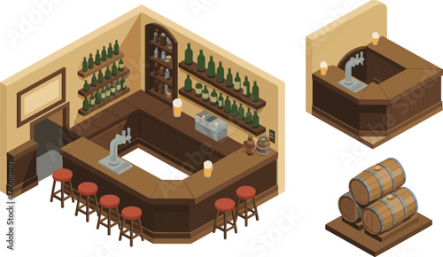 Isometric 3D illustration of rustic wooden bar interior with beer taps, stools, shelves, and barrels in vintage pub design