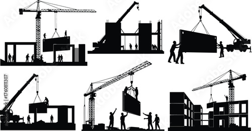Silhouette vector illustration of construction workers with cranes, trucks, and heavy machinery building structures, teamwork, labor, industry, infrastructure, and development