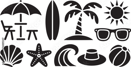 Summer beach vacation icons collection fun symbols paradise