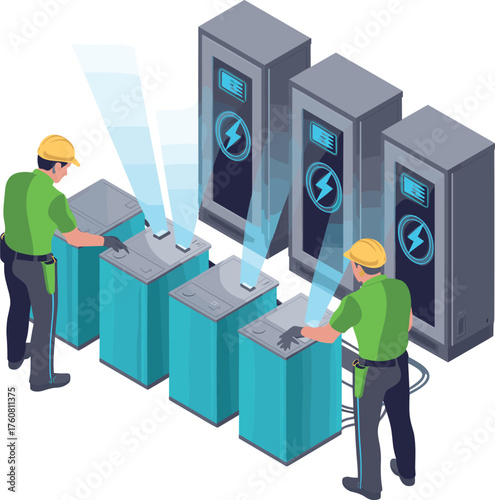 isometric battery charging station illustration, workers maintaining energy storage system, renewable power technology, industrial electricity management, green energy concept