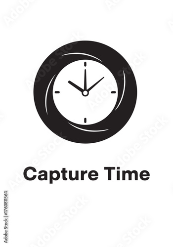 Abstract graphic design featuring a stylized clock face within a camera aperture symbol symbolizing capturing moments and the passage of time with the text capture time below
