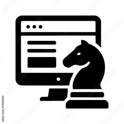 Digital strategy icon of a chess knight in front of a computer screen representing business planning and tactics