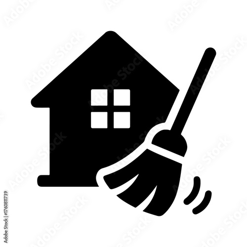 Simple black silhouette icon of a house with a broom sweeping cleanliness and tidiness
