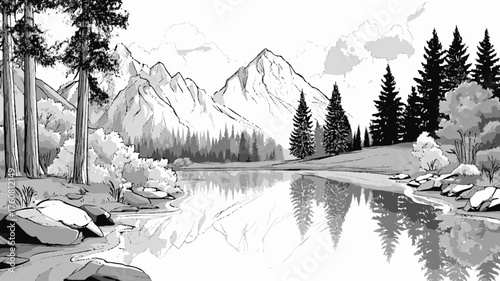 Serene black and white landscape illustration of a majestic mountain lake with clear reflections of towering peaks and pine forests