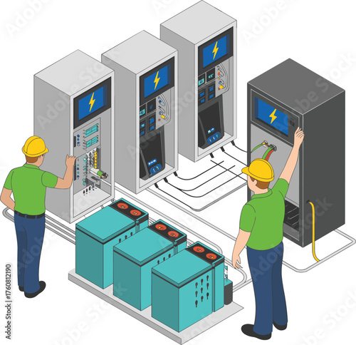 isometric battery charging station illustration, workers maintaining energy storage system, renewable power technology, industrial electricity management, green energy concept