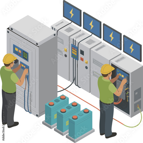 isometric battery charging station illustration, workers maintaining energy storage system, renewable power technology, industrial electricity management, green energy concept