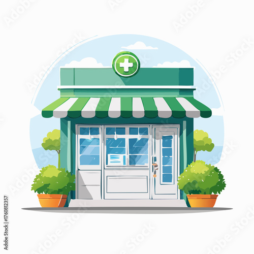 Pharmacy building illustration with green awning and sign isolated