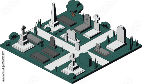 isometric cemetery illustration, 3d graveyard with tombstones and crosses, burial ground design, headstone monuments, spooky halloween grave scene, memorial park