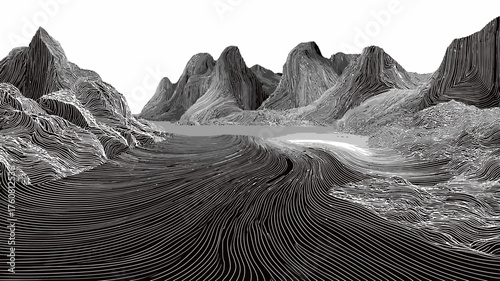 Monochrome digital landscape with abstract flowing lines and sharp peaks, modern conceptual terrain rendering.