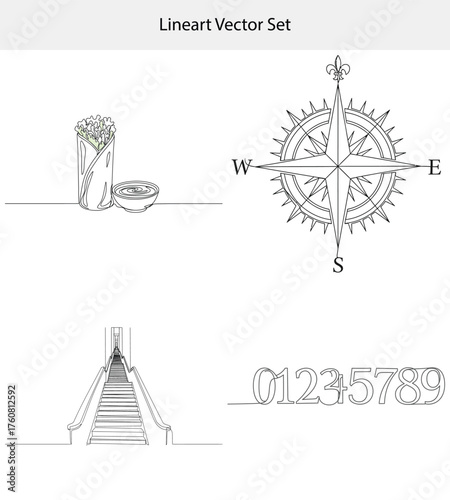 Outline Shawarma with Dip, Compass, Stairway, Numbers in Continuous Line Drawing Style