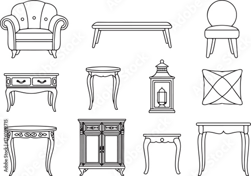Collection of vintage furniture line drawings for design