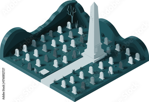isometric cemetery illustration, 3d graveyard with tombstones and crosses, burial ground design, headstone monuments, spooky halloween grave scene, memorial park