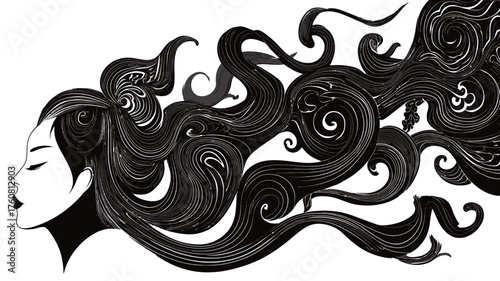 Elegant graphic illustration of a serene woman with long, flowing black hair, intricate swirling patterns, artistic profile, black and white.