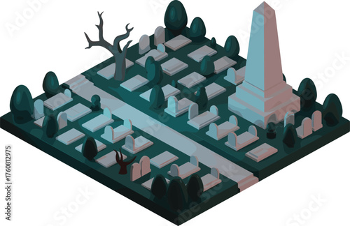isometric cemetery illustration, 3d graveyard with tombstones and crosses, burial ground design, headstone monuments, spooky halloween grave scene, memorial park
