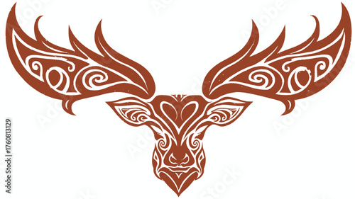 Stylized Deer Head with Ornate Tribal Antlers Illustration. Intricate Symmetrical Pattern Design for Graphic Elements, Tattoos, or Logos.