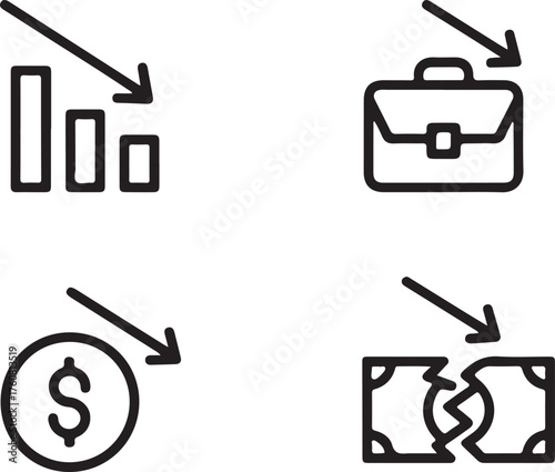 Business downturn icons financial crisis economic decline set