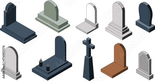 isometric gravestones set, 3d cemetery headstones collection, tombstone vector illustration, cross monument, memorial stones, grave markers, funeral design elements, halloween decor