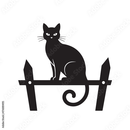 Vector art of black cat silhouette sitting on a fence