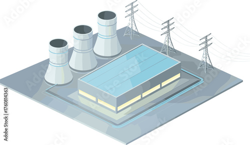 isometric power plant illustration, 3d industrial energy station, cooling towers and electricity transmission lines, modern nuclear plant, renewable energy facility