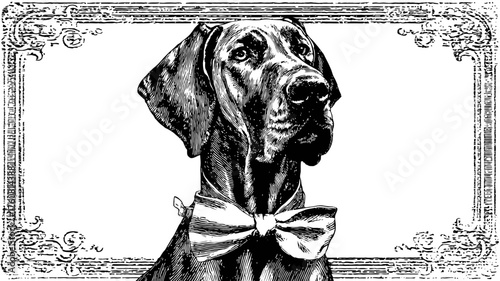 Stylish black and white vintage dog illustration with a bow tie in an antique decorative frame, elegant pet portrait artwork