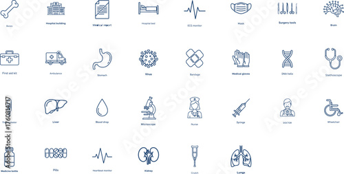 Medical Line Icons Set – Hospital, Doctor, Health Equipment, and Anatomy Symbols Vector