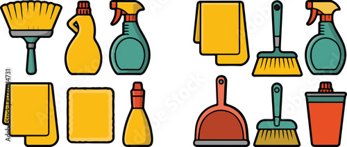 Home cleaning supplies collection flat icons set