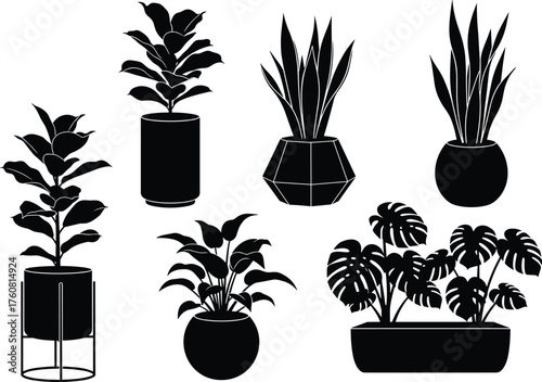 Indoor plant silhouette, black and white potted plant illustration, modern botanical vector, minimalist houseplant decor, foliage icon, nature sketch