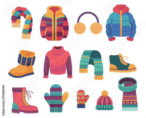 Colorful Winter Clothing and Accessories Clip art Set – Cozy Cold Weather Wardrobe Elements.