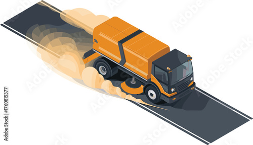 isometric street sweeper truck illustration, 3d city cleaning vehicle on road, municipal service equipment, urban sanitation and maintenance concept