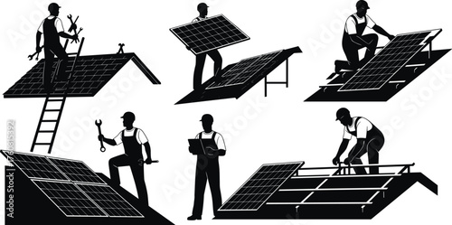 Silhouette vector illustration of workers installing and maintaining solar panels on rooftops with tools, inspection, renewable energy, construction, labor, and industry