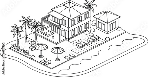 Isometric Line Art Illustration of a Luxury Beach Villa or Tropical Island Resort