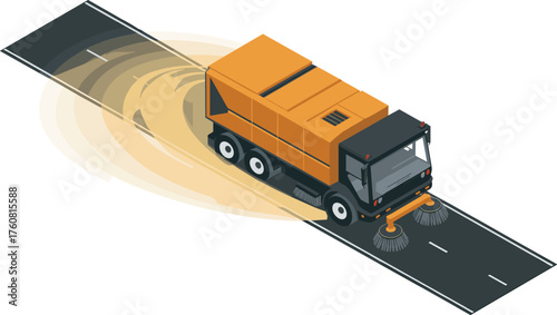 isometric street sweeper truck illustration, 3d city cleaning vehicle on road, municipal service equipment, urban sanitation and maintenance concept