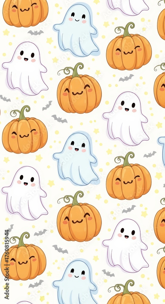 Obraz premium Cute cartoon ghost and pumpkin pattern. Funny Halloween background for holiday decoration and children design. Adorable spooky season motif.
