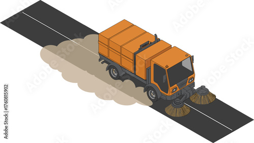 isometric street sweeper truck illustration, 3d city cleaning vehicle on road, municipal service equipment, urban sanitation and maintenance concept