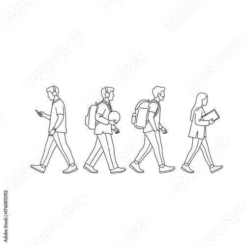 Walking people line art illustration diverse group of students and professionals vector outline desi