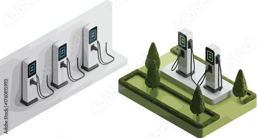 Modern electric vehicle charging station with battery swap system, eco friendly green energy technology, sustainable transportation future concept illustration