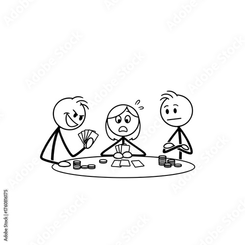 Three stick figures playing cards, one looking worried at the table 