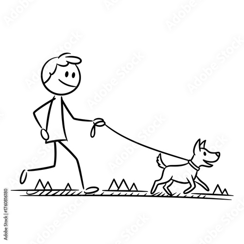 Stick figure man walking a dog in a park setting, concept of mental health  