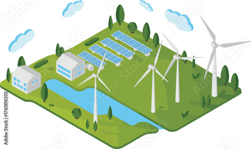 Modern renewable energy power plant with solar panels, wind turbines, and clean water reservoir illustrating sustainable eco-friendly green energy production system