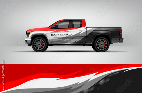 Red and black pickup wrap with smooth white curved motion stripe. Editable vector EPS provided.