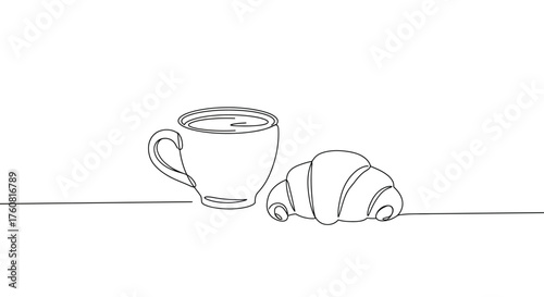Classic breakfast illustration with continuous line art of a coffee cup and croissant, creating a cozy and inviting atmosphere perfect for cafe and lifestyle promotions.