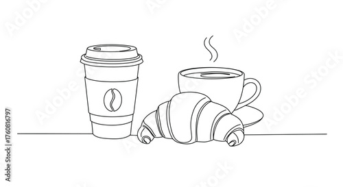 Savor a delightful coffee moment with a freshly baked croissant, captured in a charming line art drawing. Ideal for branding cafes, designing menus, or adding kitchen art.