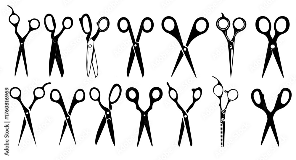 Fototapeta Set of black scissors silhouettes. Hairdressing tools, barber shears, and cutting instruments for salon design, icons, and vector illustrations